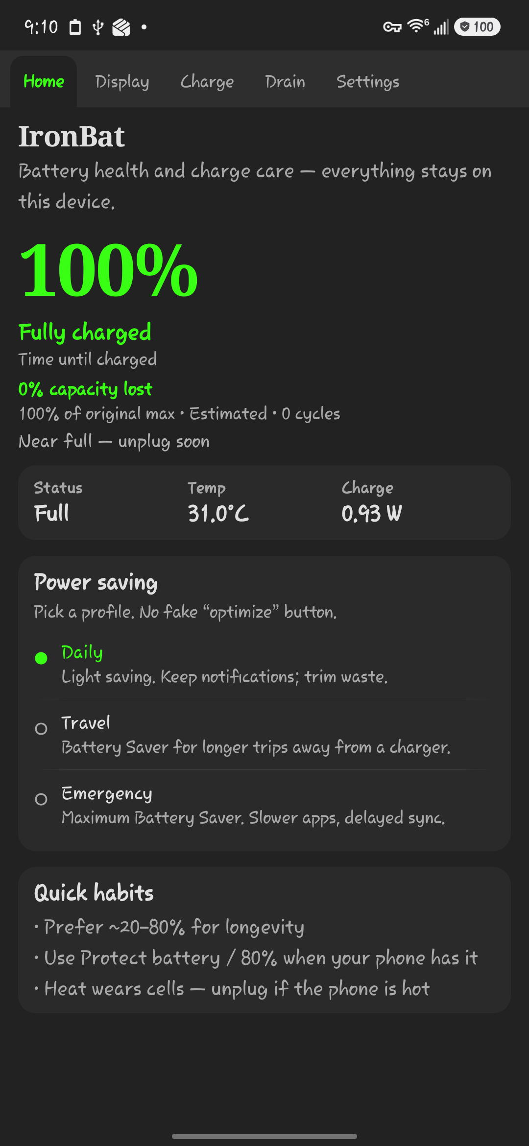 IronBat Home showing battery percent, time estimate, and capacity wear