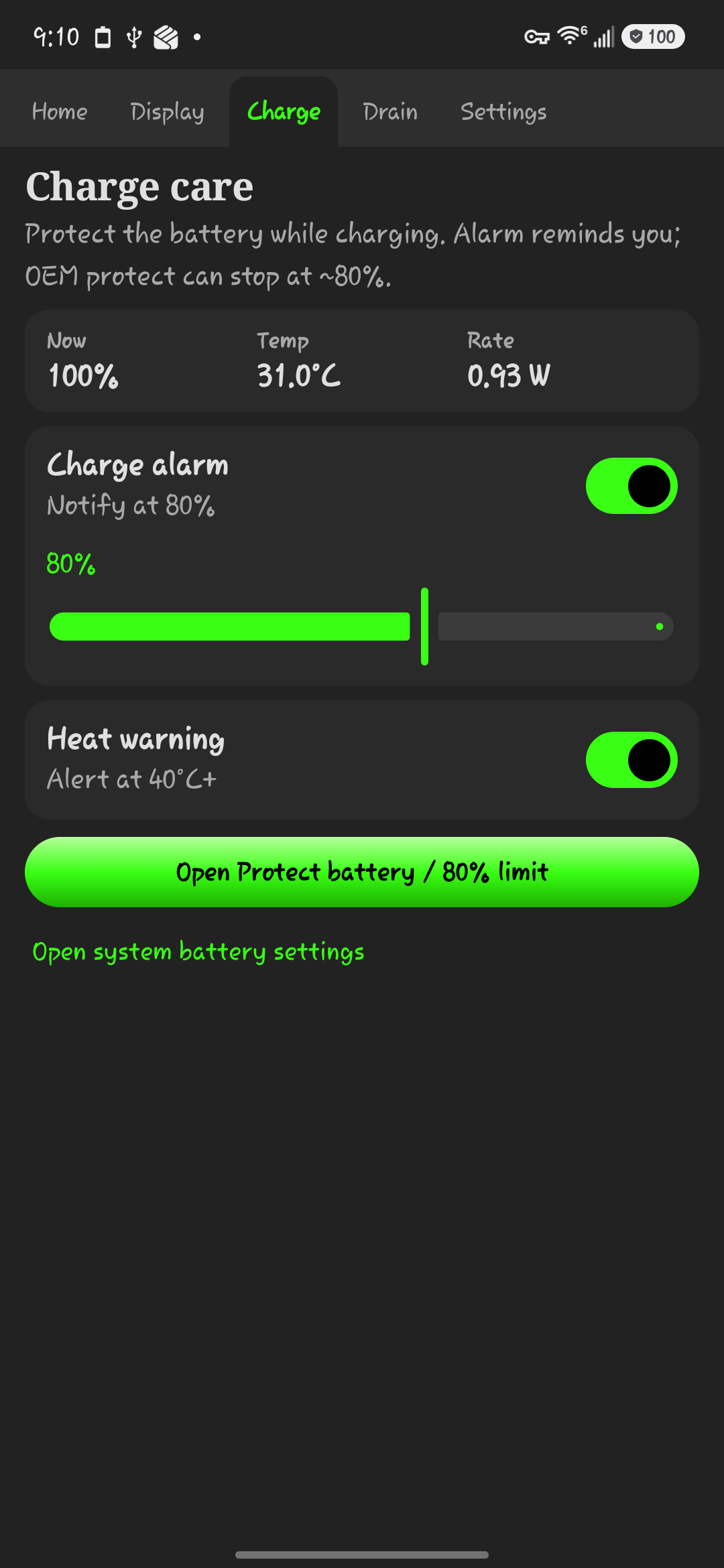 IronBat Charge showing charge alarm and temperature care