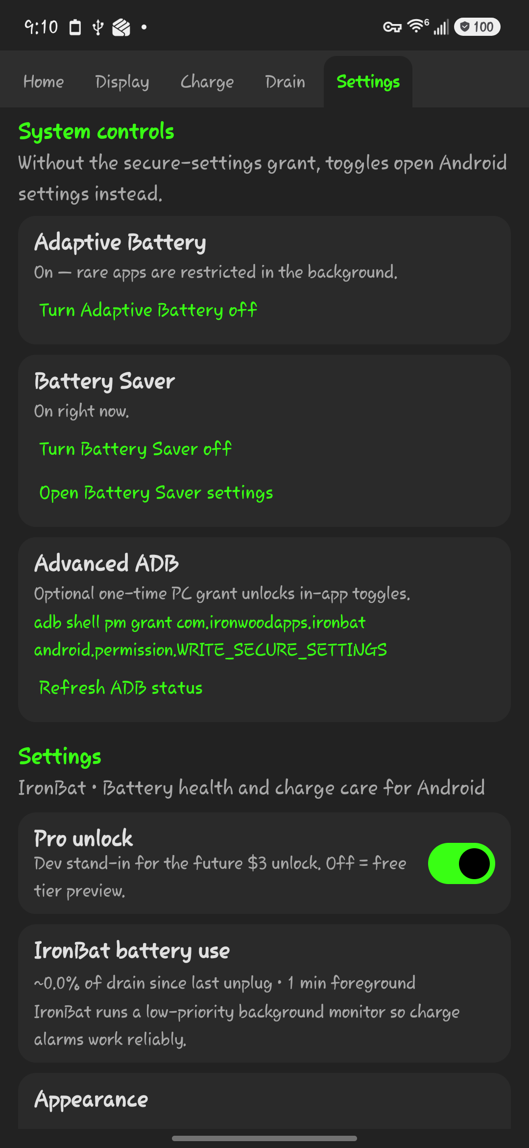 IronBat Settings showing theme, permissions, and about