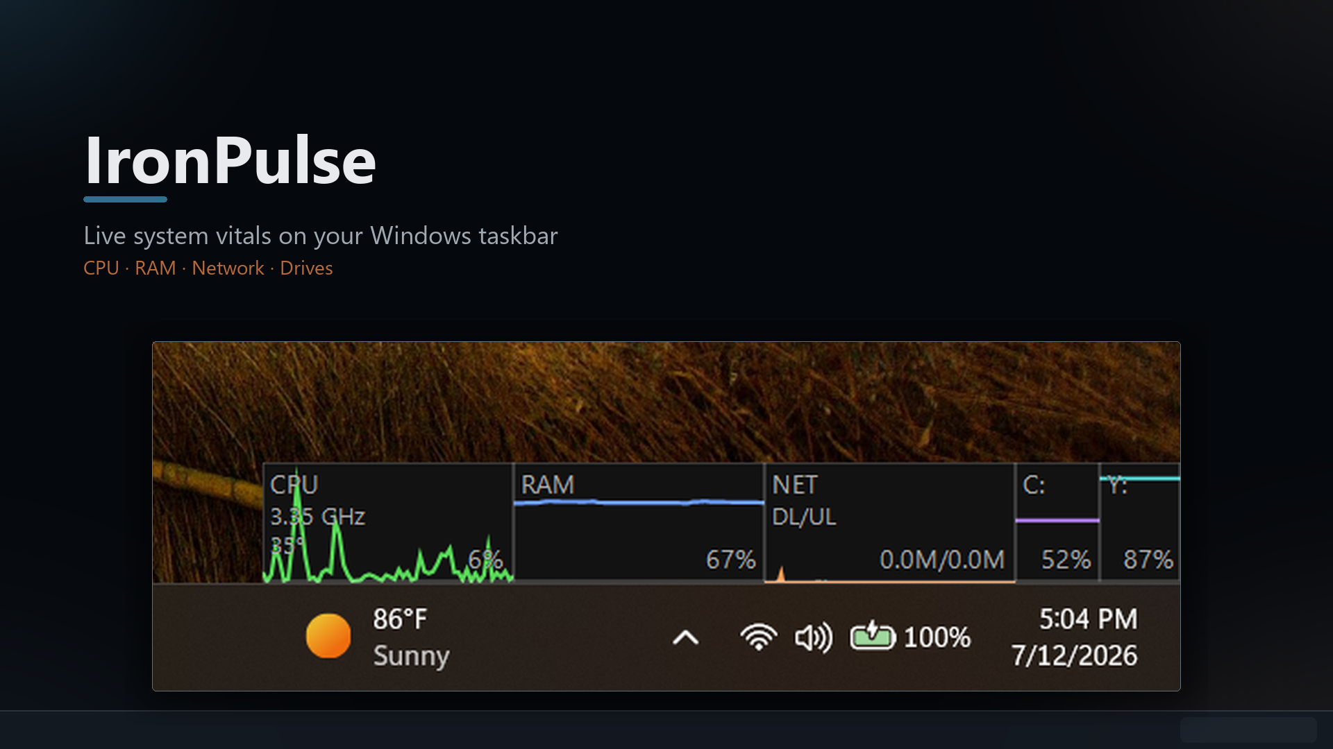 IronPulse taskbar widget on a Windows desktop