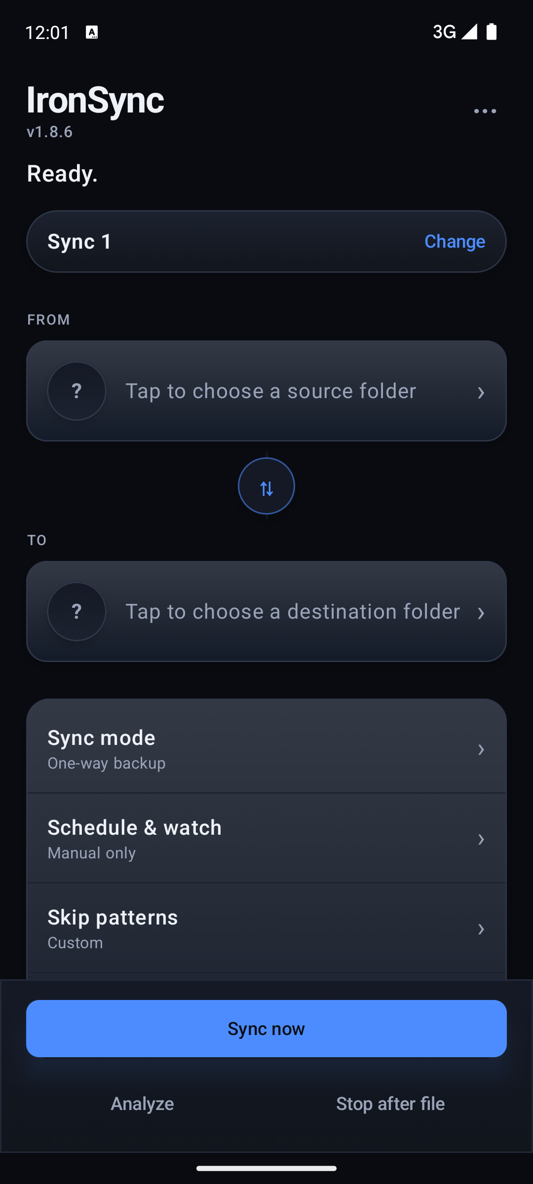 IronSync Android home showing sync profile, folders, and Sync now