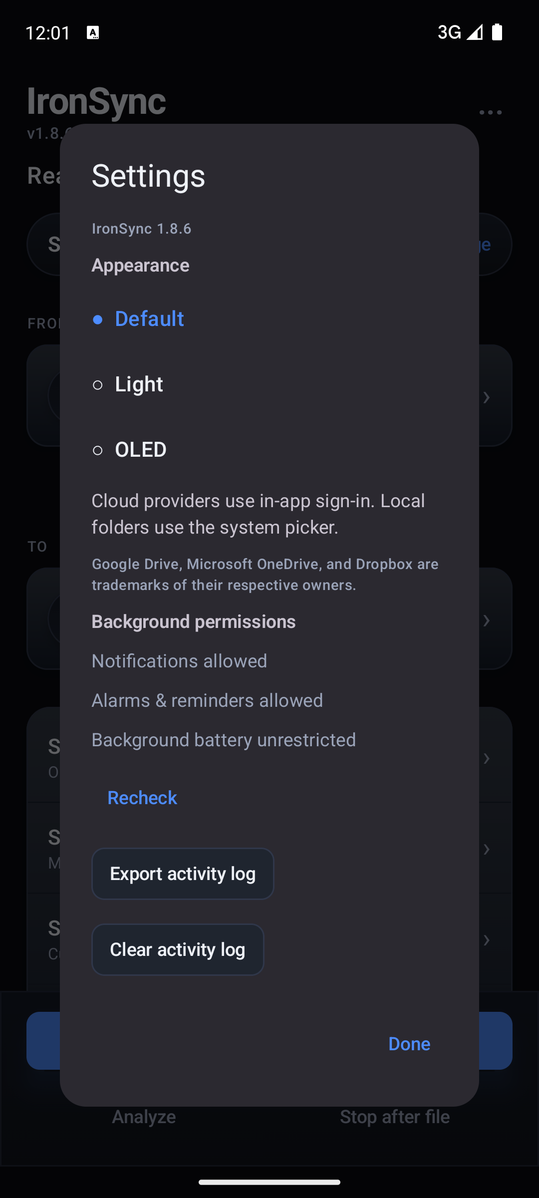 IronSync Android Settings showing themes, cloud note, and background permissions