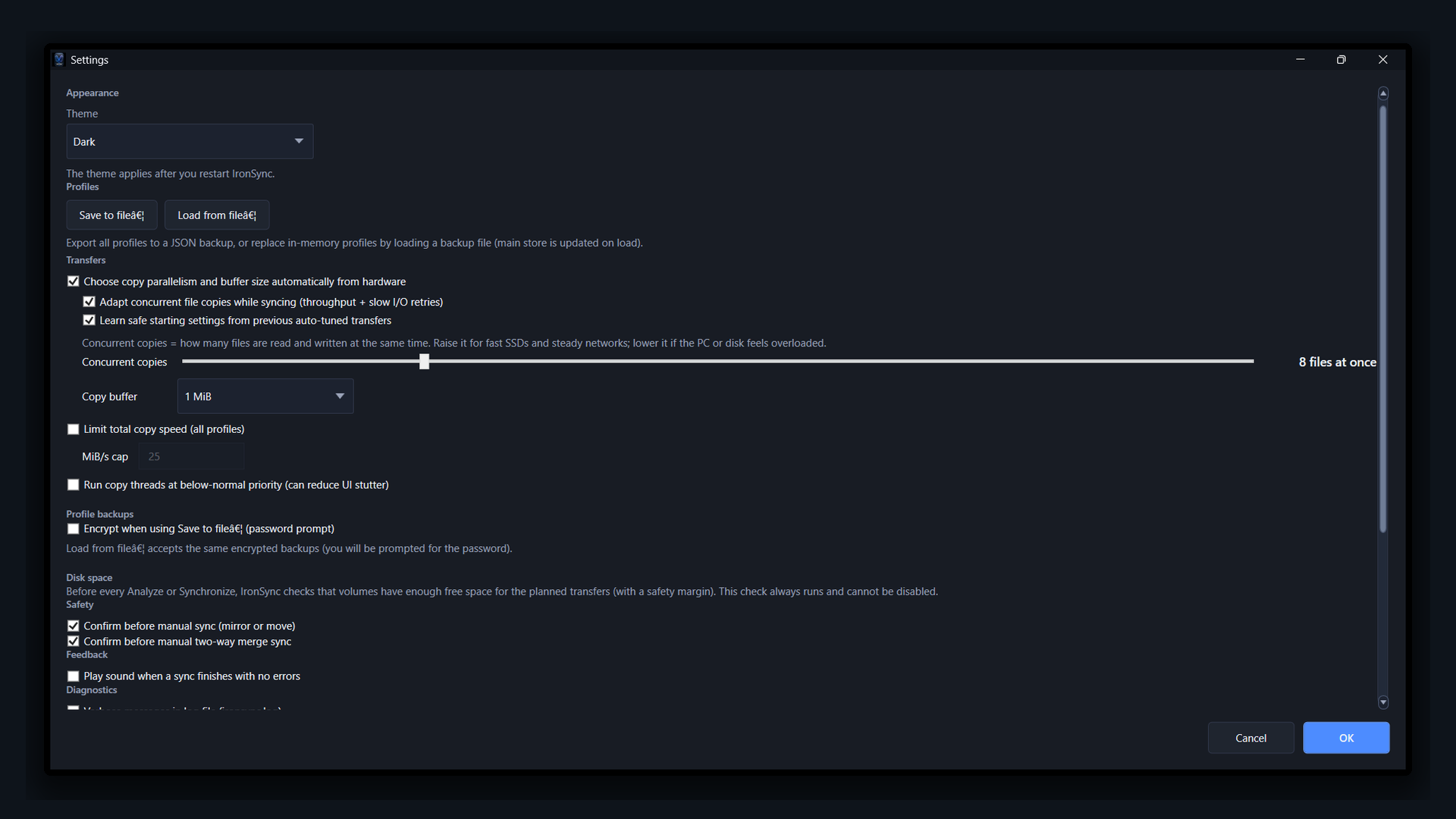 IronSync Settings with transfer tuning, safety confirmations, and diagnostics