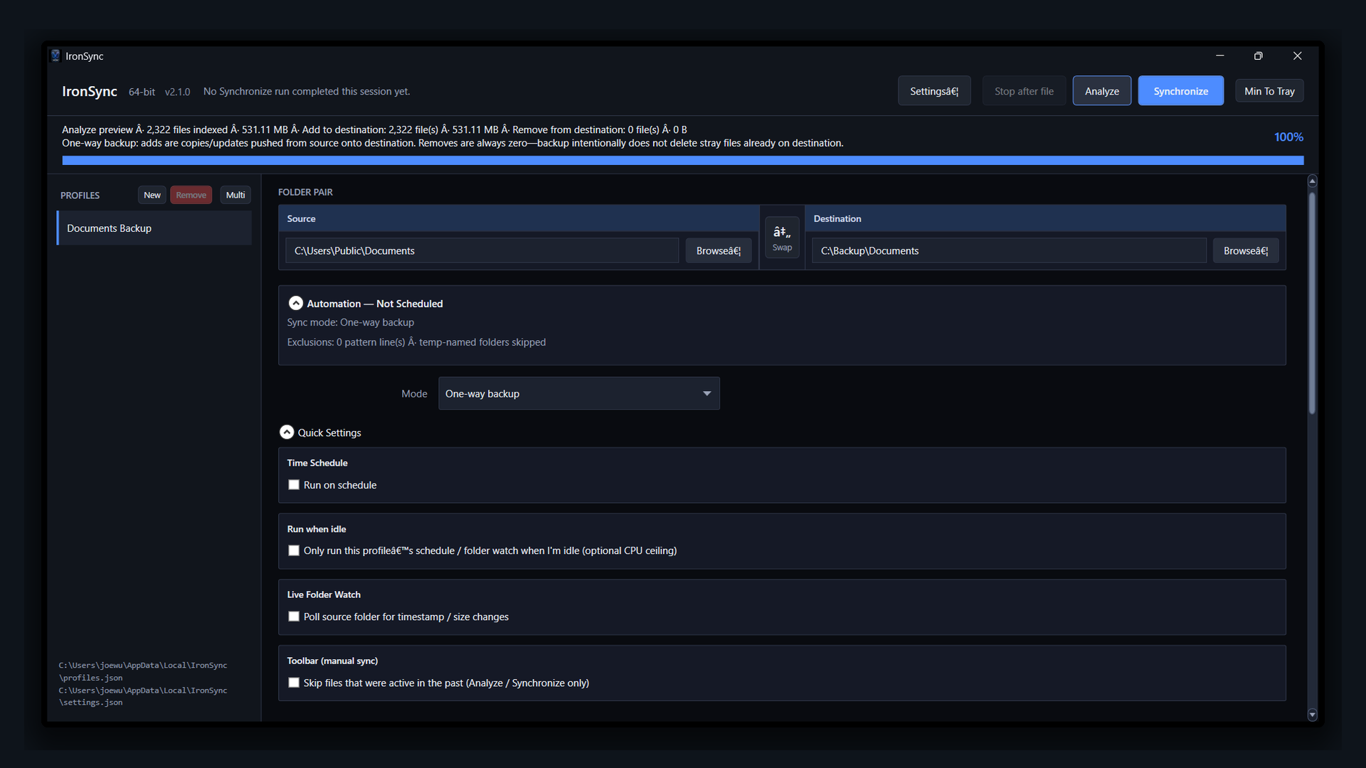 IronSync analyze preview summarizing files and bytes to add before synchronize