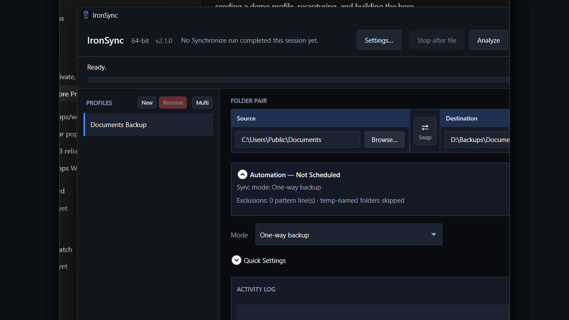 IronSync on Windows — Documents Backup profile with source, destination, and one-way backup mode